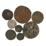 Ancient coins, to include Byzantine, Roman, Phoenician, Greek and a silver Crusader type coin, (7)