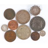 Coins, to include a Carolus IIII 1803, a France 5 Francs 1875, Brooch mounted Sixpence, New