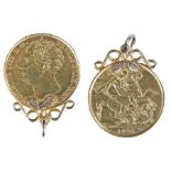 George IIII gold Two Pound coin, 1823, St George and the Dragon, pendant mounted