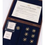 Set of seven 14 carat gold miniature coins, six for the History of Britain and one with Queen