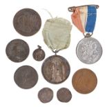 Coins and medallions, to include two hammered tokens, Dr Samuel Johnson token, Manchester Half