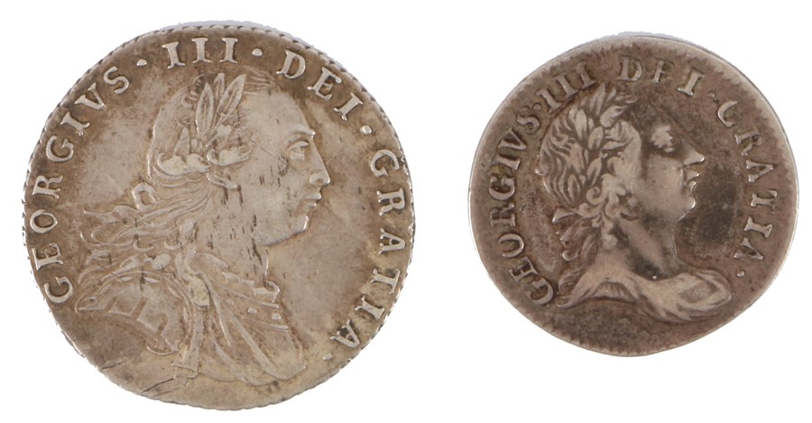 George III, Young bust Threepence, 1762, together with a George III Fourpence 1787, (2) - Image 2 of 2