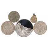 Coins, to include George V Crown, George VI Crown, George VI Half Crown, Sixpence on pendant and