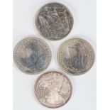 Silver coins, to include three One Ounce silver £2 coins and a USA One Ounce silver Dollar 2008, (