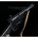 Sten Gun Mark II, in black, non firing replica, with a strap with stencil lettering