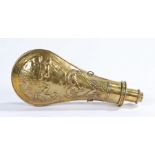 Brass powder flask by G & J.W. Hawksley Sheffield, the body with embossed depictions of dogs and