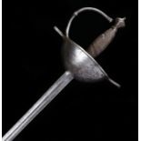 18th century Spanish cup hilt rapier, cup hilt with cross and knuckle guard, wire bound wooden grip,