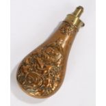 Copper and brass powder flask,maker G&J W Hawksley, Sheffield, raised oak leaf decoration to sides