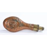 Copper and brass powder flask by G & J.W. Hawksley Sheffield, the body with embossed depiction of