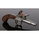 Early 18th Century flintlock boxlock pocket pistol with cannon barrel, white metal inlay to the