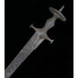 Indian Talwar, plain unfullered curved blade, undecorated hilt with disc pommel, spike projecting