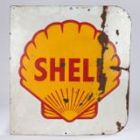 Shell enamel sign, the white ground with yellow and red shell to the centre, rounded corners to