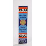 Ex-Lax enamel sign, "Ex-lax brand chocolate laxative, keep regular with Ex-lax brand, prescriptions,