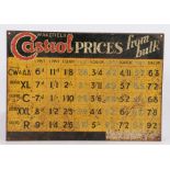 Wakefield Castrol Motor Oil 'Prices from bulk' rectangular tin price chart, 48cm x 34cm