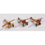 Three early 20th Century tinplate planes, each in yellow and red with GB III to the side and