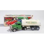 Tri-ang Minic tinplate clockwork Mechanical Horse and Tanker 'Minic Dairies': with green cab and