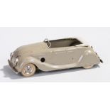 Tri-ang Minic clockwork car, a pre World War II example, in grey, white folded roof, 12.5cm long