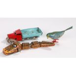 Tinplate toys, to include a Minic clock work truck, a clockwork bird and a Japanese Yone clockwork