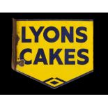 Lyons Cakes enamel shop sign, in blue and yellow enamel, with angled wall mount, 45.5cm x 39.5cm