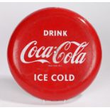 1950's red enamel Coco Cola advertising sign, "DRINK COCA-COLA ICE COLD", 36cm diameter