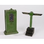 Bing tinplate model railway ticket dispenser, with scrolled pediment and pull mechanism, Bing "