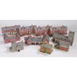 Railway/village model buildings, stations, platforms, terraced houses, trees, buildings etc. (qty)