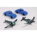 Palitoy, Non flam plastic blue cars, together with Spitfire and a Fighter, (4)