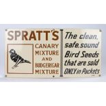 Enamel advertising sign, "Spratt's canary mixture and budgerigar mixture, the clean, safe, sound