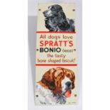 Enamel advertising sign, "All dogs love Spratt's bonio (reg'd) the tasty bone shaped biscuit!"