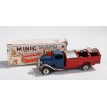 Tri-ang Minic tinplate clockwork truck, the blue cab with chrome effect arched back with three