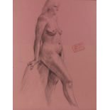 John Hall (1921-2006), charcoal drawing on pink paper of a resting female nude, with "John Hall