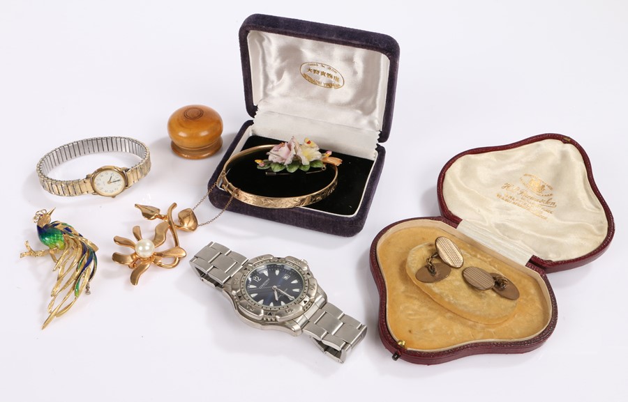 Mixed items, to include a leather jewellery box, a watch, brooches, watch, (qty)