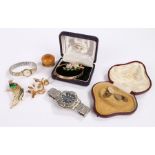 Mixed items, to include a leather jewellery box, a watch, brooches, watch, (qty)