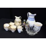 19th century part tea service with gilt foliate decoration, jardiniere, large jug, glass dish,