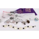 Silver jewellery, to include, rings, pendants, a mother of pearl bracelet, etc