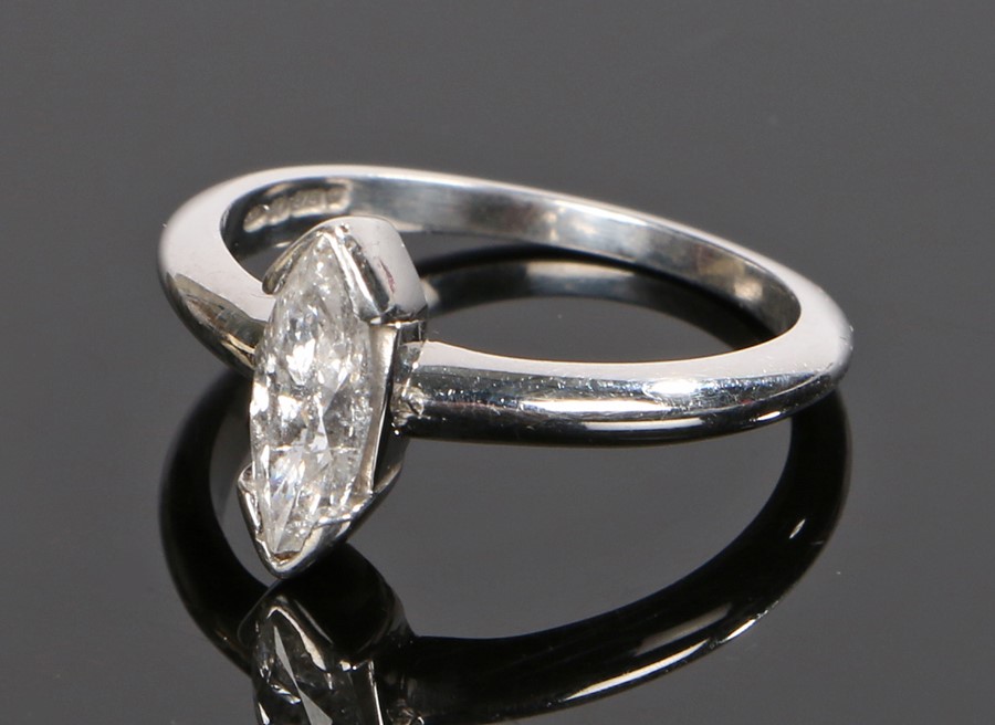 9 carat gold diamond set ring, the diamond at approximately 0.8 carat marquise cut, ring size N