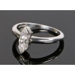 9 carat gold diamond set ring, the diamond at approximately 0.8 carat marquise cut, ring size N