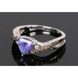 Le Vian 14 carat white gold tanzanite and diamond set ring, with a triangle cut tanzanite to the