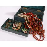 Jewellery box, containing badges, pocket watch keys, necklaces, etc, (qty)
