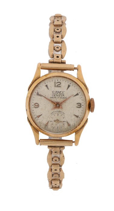 Camy 18 carat gold ladies wristwatch, the signed cream dial with Arabic and triangular numerals,