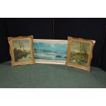 Print depicting waves breaking on a beach, two prints depicting figures beside a stream and a