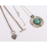 Pocket watch chain, with T bar and heart pedant, together with a pendant necklace, (2)