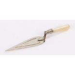 Silver and mother of pearl novelty book mark, as a trowel