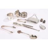 Silver, various dates and makers, to include three napkin rings, two pairs of sugar tongs, two