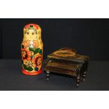 Grand piano form musical jewellery box, the lid with depiction of Chopin, nest of five Russian