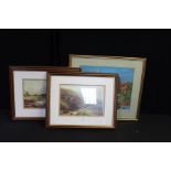Three prints, riverside scene with sailing boats, two landscapes, the largest 31cm x 25.5cm (3)