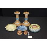 Royal Doulton items to include pair of Doulton Lambeth Silicon candlesticks, two ashtrays, silver
