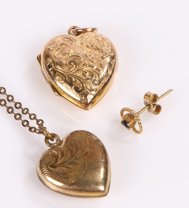 9 carat gold front and back heart locket, together with another heart locket and a single ear stud