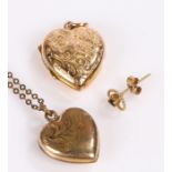 9 carat gold front and back heart locket, together with another heart locket and a single ear stud