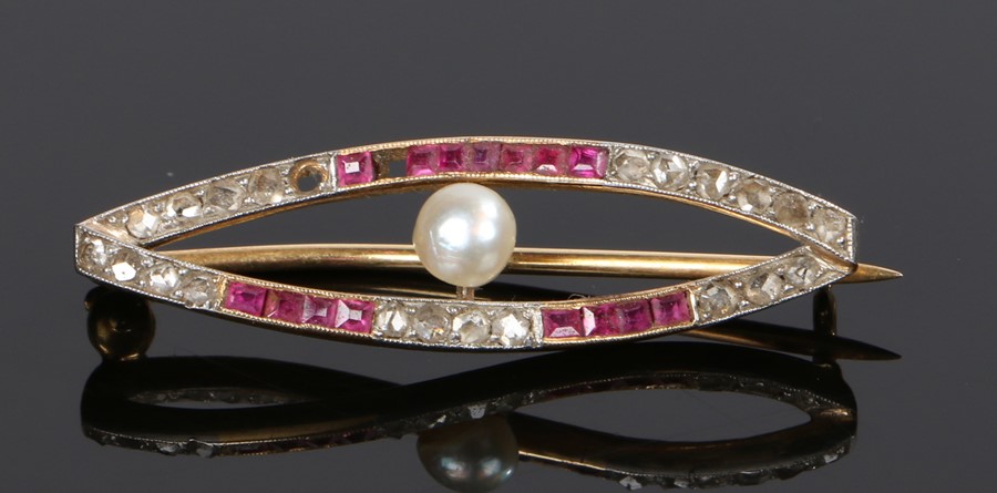 Ruby pearl and diamond set brooch, with a central pearl flanked by arched ruby and diamond set